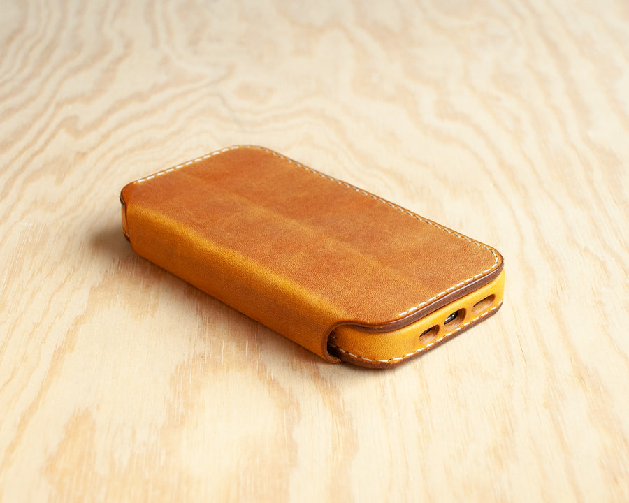 Handmade Honey leather iPhone wallet folio by TRIM, closed