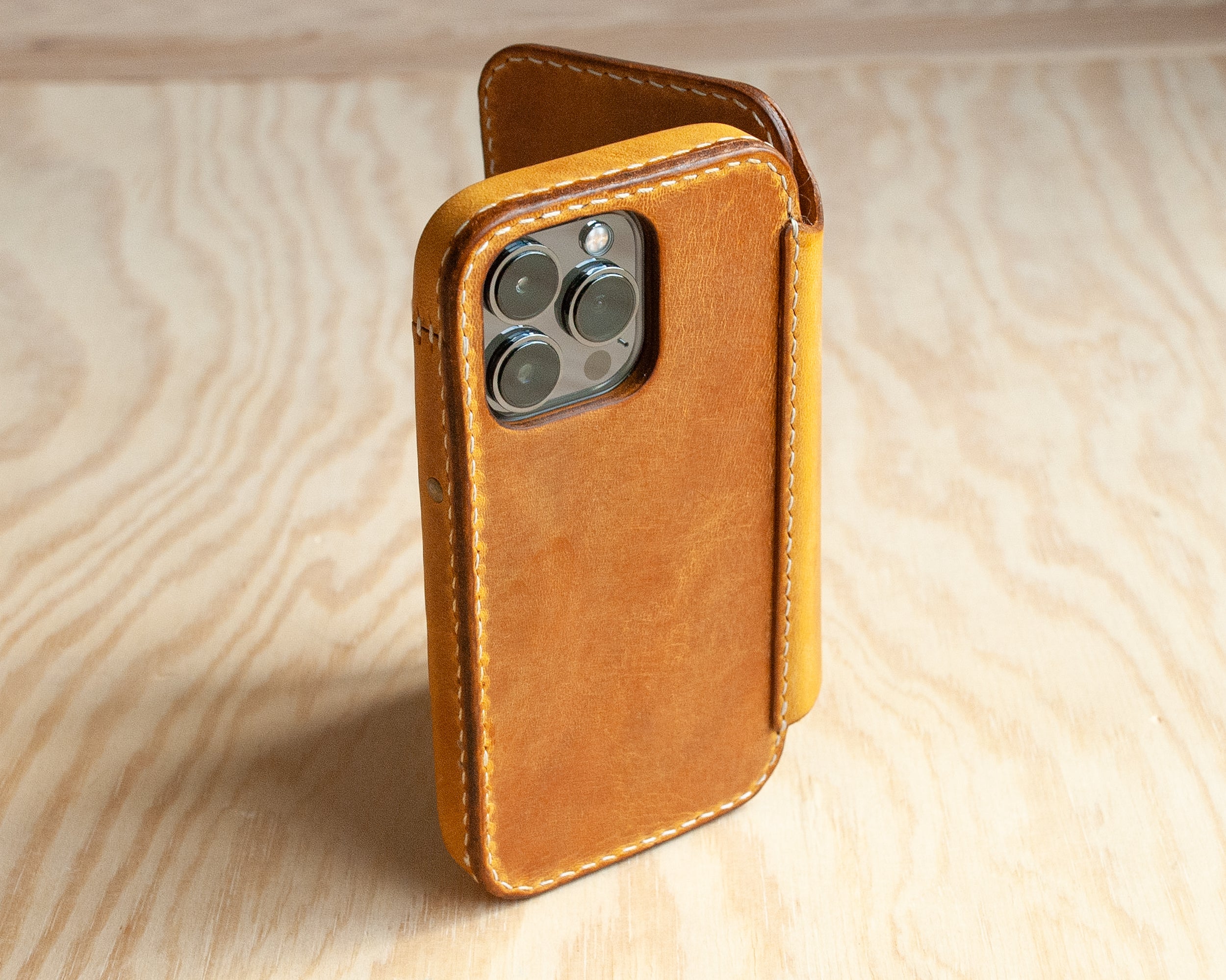 Handmade Leather iPhone Wallet Folio · Honey - TRIM leather