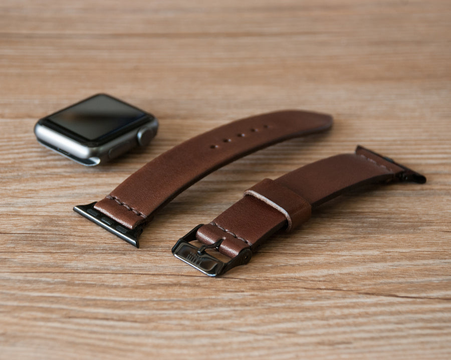 Handmade Walnut Apple Watch band flat lay, TRIM studio