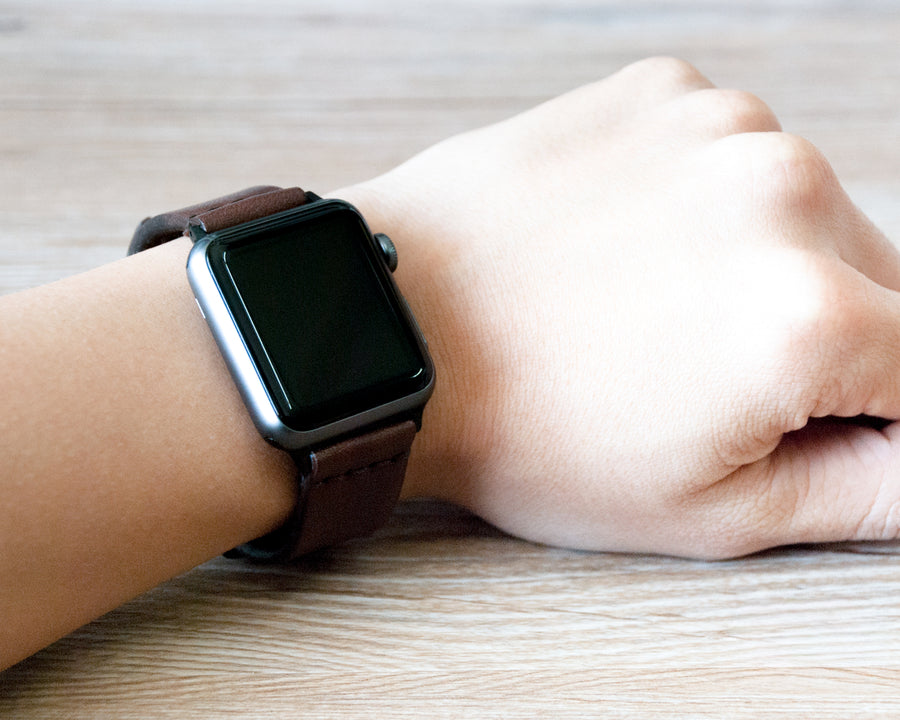 TRIM Walnut leather Apple Watch band, studio close-up