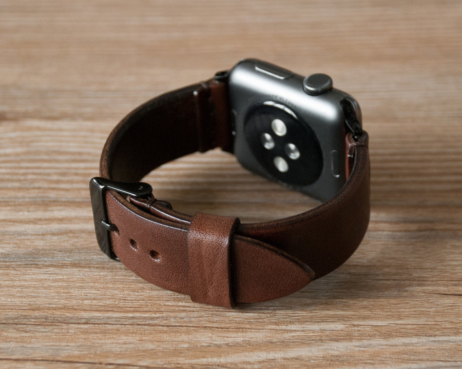 Walnut leather Apple Watch band, hand-stitched edge detail