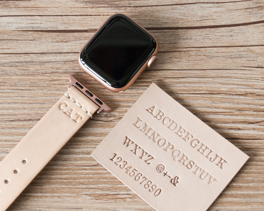 Natural veg-tanned Apple Watch band, clasp and buckle detail