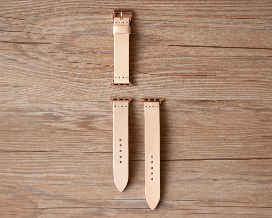 Handmade Natural leather Apple Watch band flat lay, TRIM