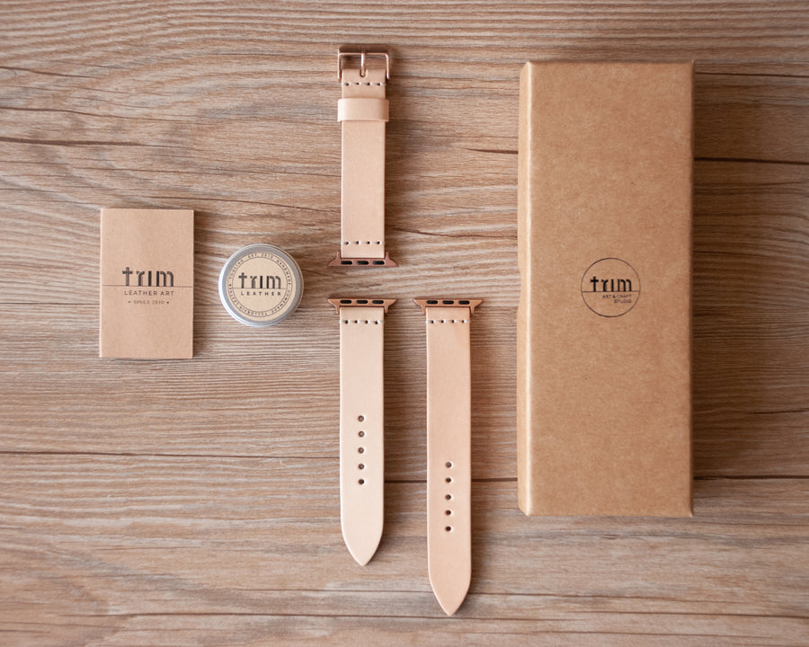 Natural leather Apple Watch band showing undyed cowhide texture