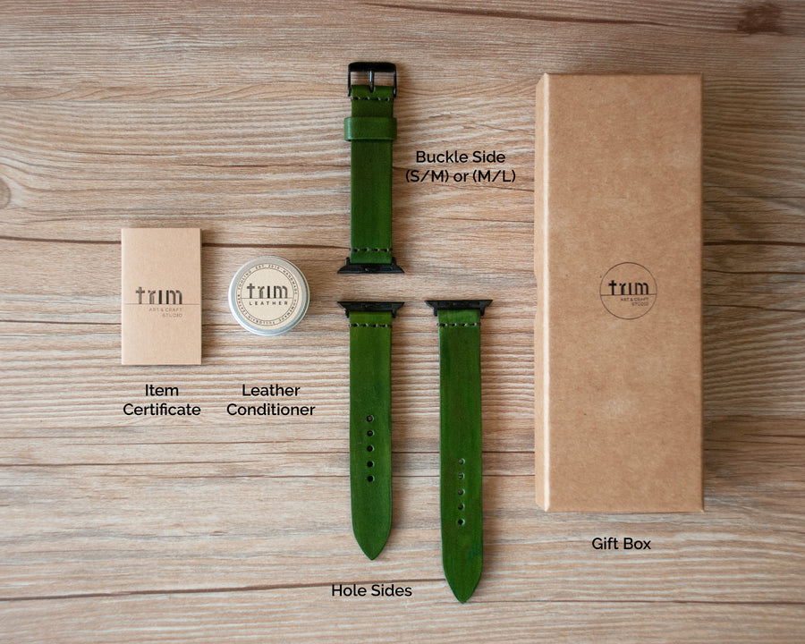 TRIM Emerald leather Apple Watch band on wrist