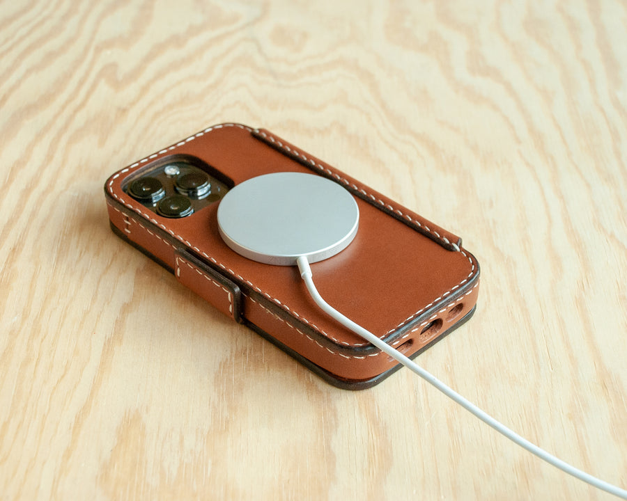 Handmade Saddle leather iPhone folio case, stitching detail