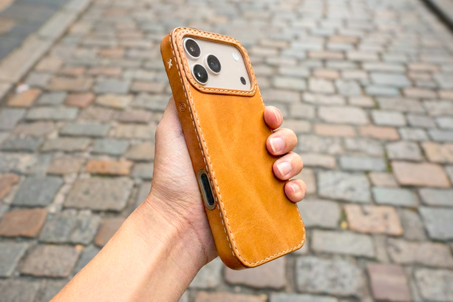 Handmade Honey leather iPhone case flat lay, TRIM studio