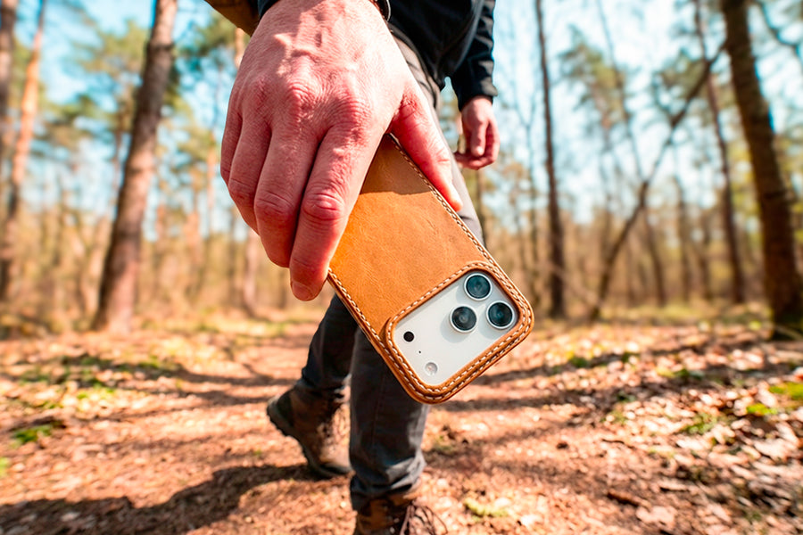 Honey leather iPhone case by TRIM, lifestyle view