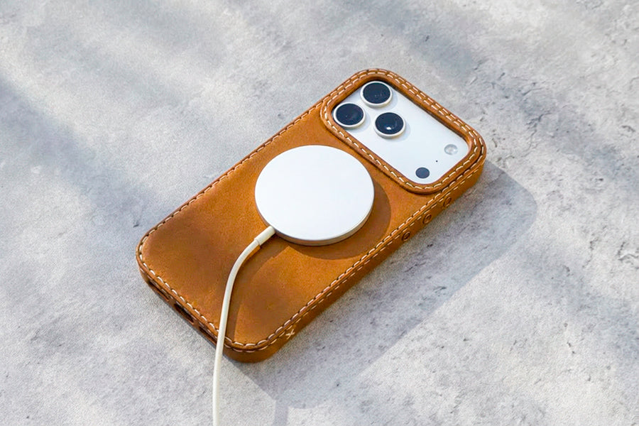 TRIM Honey leather iPhone case lifestyle shot