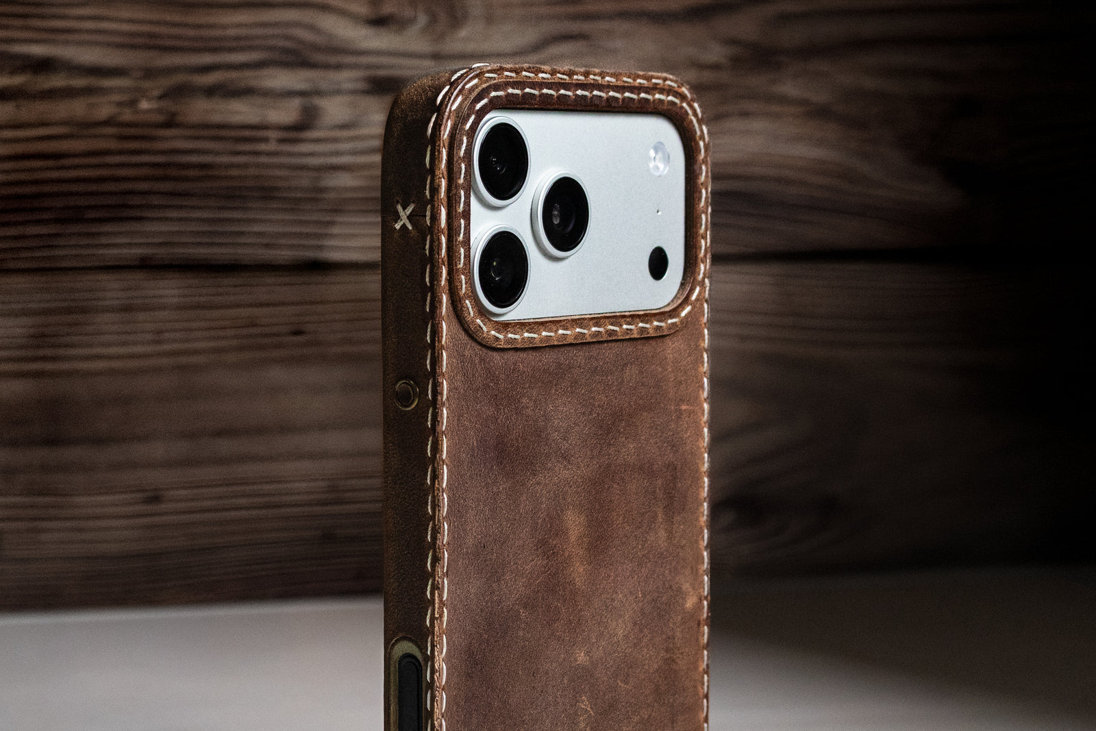 Walnut leather iPhone case by TRIM, zoomed main view