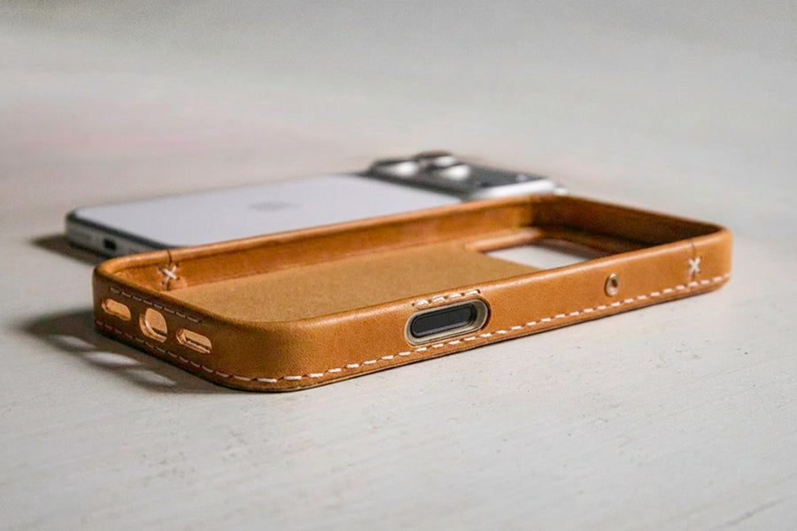 Honey leather iPhone case camera control detail, TRIM