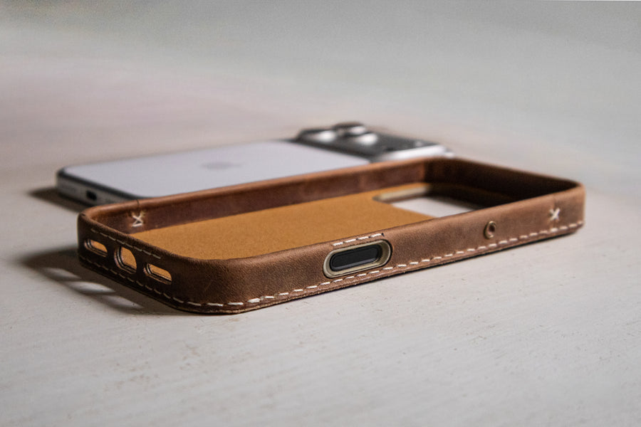 Walnut leather iPhone case camera control inner cutout, TRIM