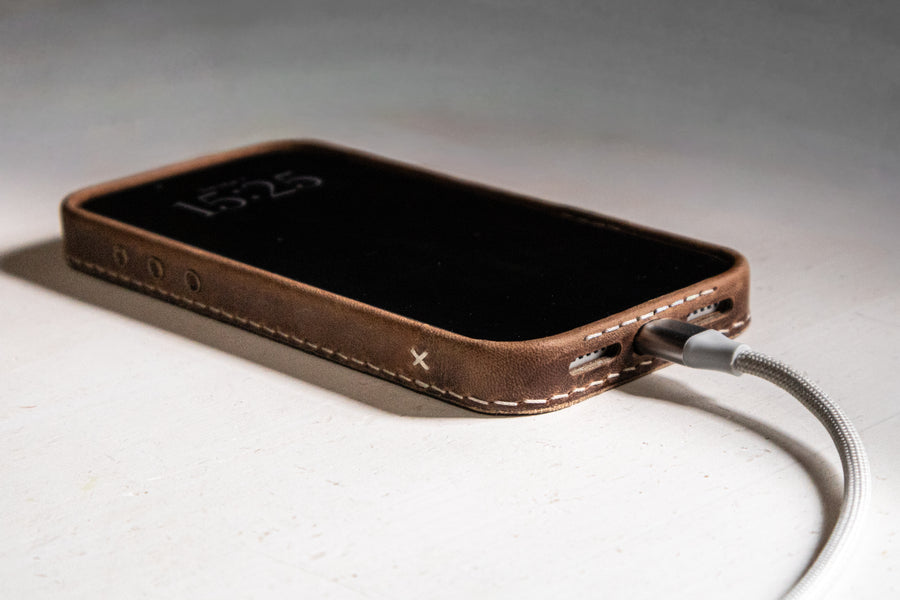 Walnut leather iPhone case USB-C charging port cutout