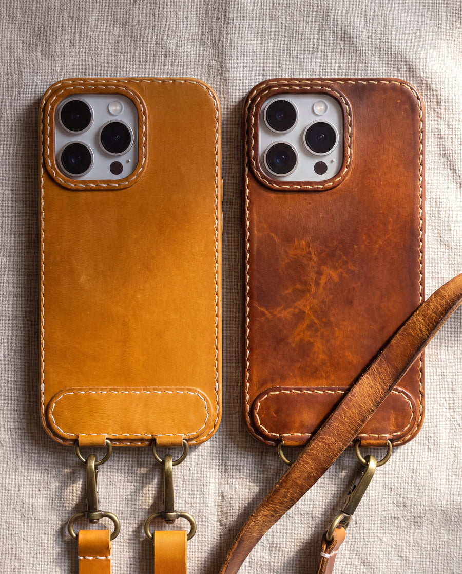 Handmade Leather iPhone Case with Crossbody Lanyard Strap · Honey