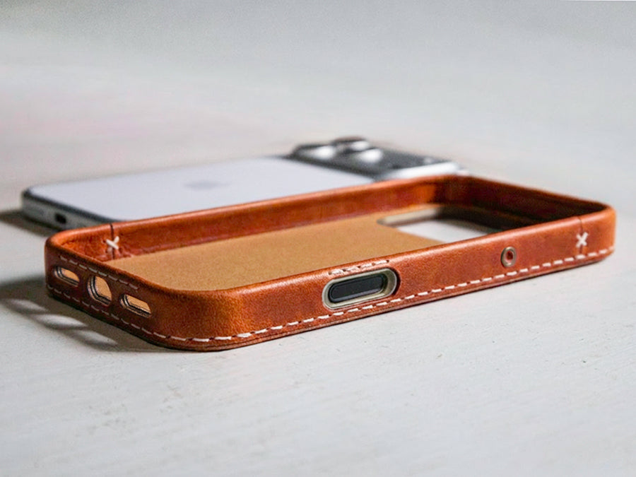 Ember leather iPhone case camera control inner cutout detail