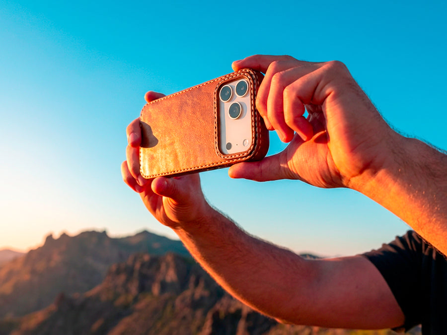 Ember handmade leather iPhone case in natural outdoor light