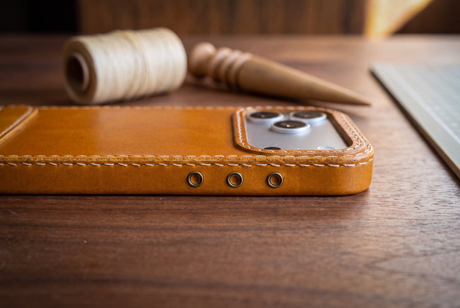 Handmade Leather iPhone Case with Crossbody Lanyard Strap · Honey
