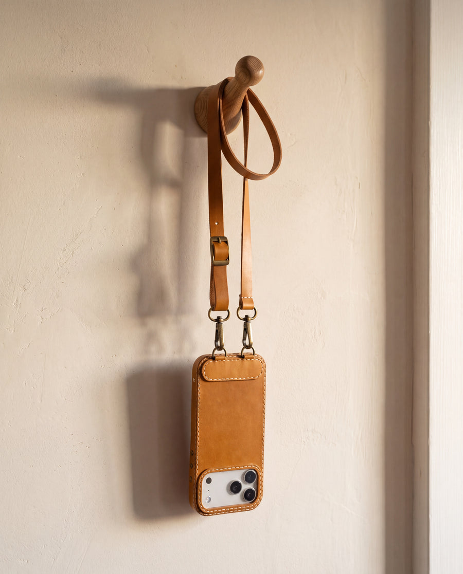 Handmade Leather iPhone Case with Crossbody Lanyard Strap · Honey