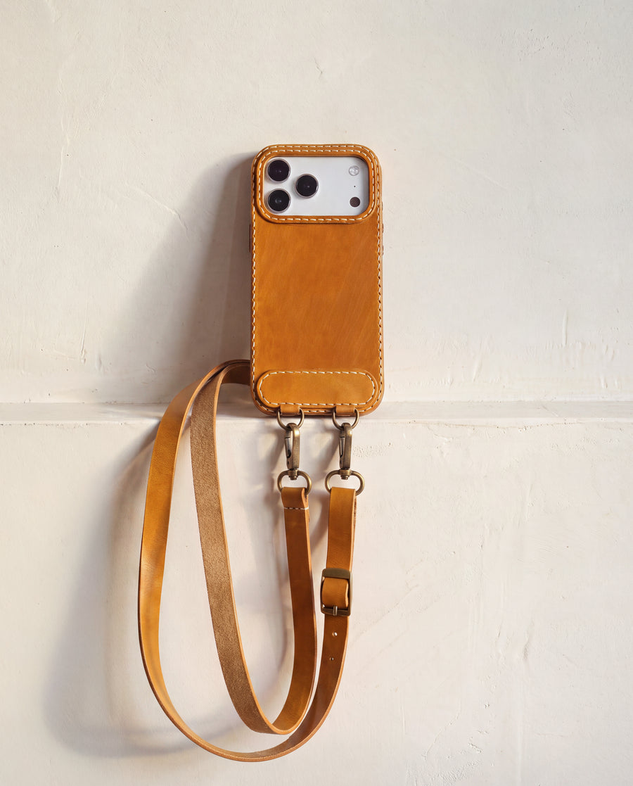 Handmade Leather iPhone Case with Crossbody Lanyard Strap · Honey