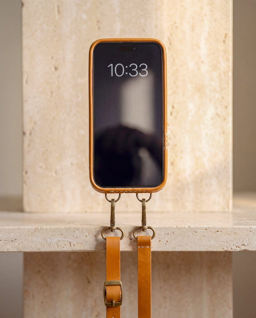 Handmade Leather iPhone Case with Crossbody Lanyard Strap · Honey