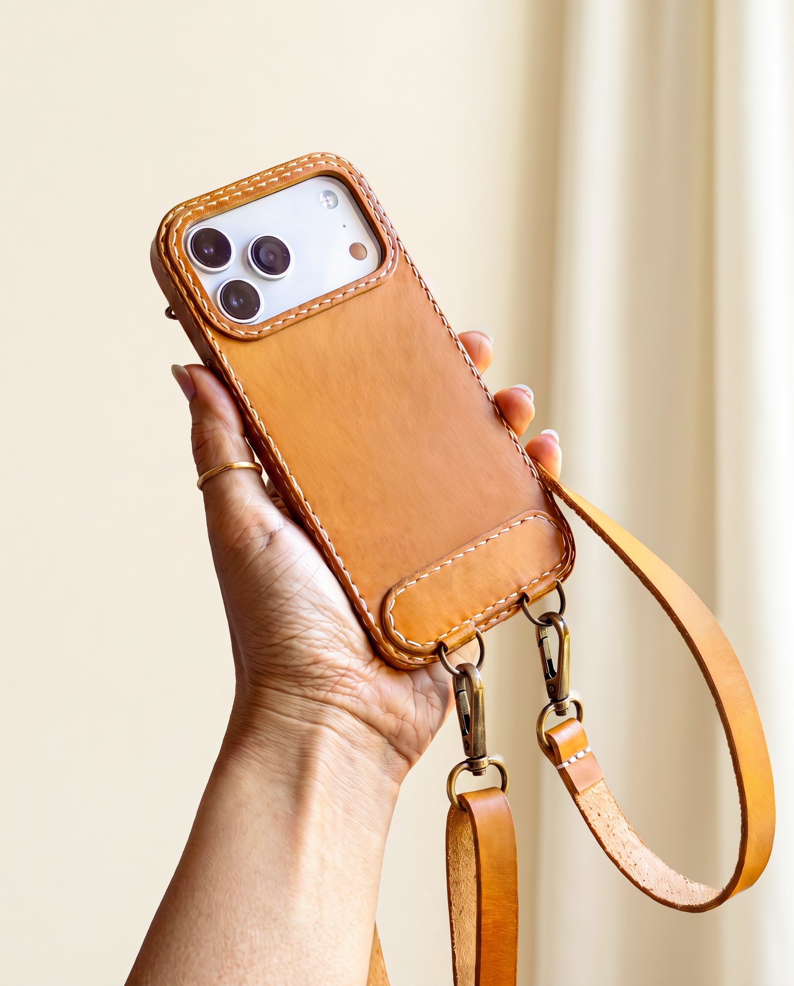 Handmade Leather iPhone Case with Crossbody Lanyard Strap · Honey