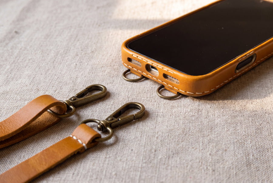 Handmade Leather iPhone Case with Crossbody Lanyard Strap · Honey