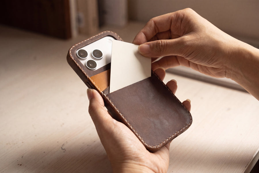 Handmade Leather iPhone Card Case · Walnut & Honey