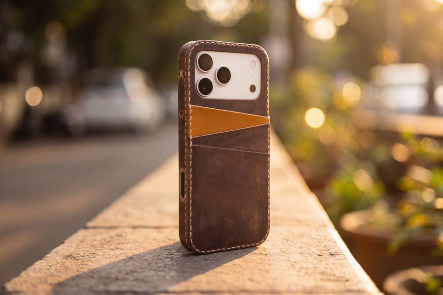 Handmade Leather iPhone Card Case · Walnut & Honey
