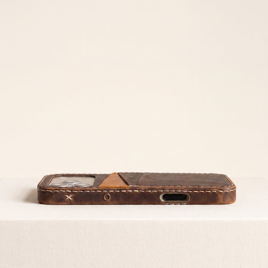 Handmade Leather iPhone Card Case · Walnut & Honey