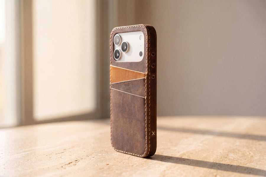 Handmade Leather iPhone Card Case · Walnut & Honey
